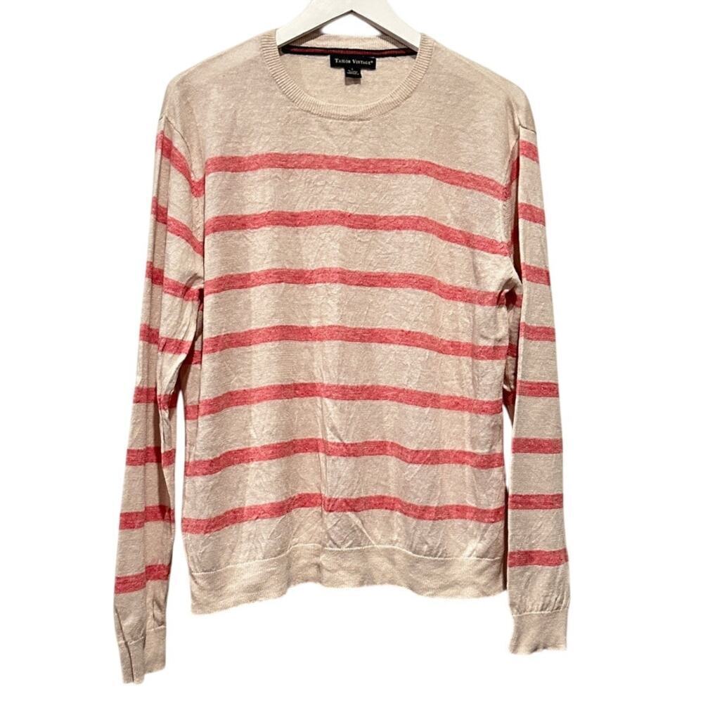 Tailor Vintage Size Large Pink Long Sleeve Striped 100% Linen Pullover Sweater